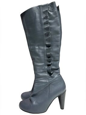 You by CROCS Leather Tall Grey Blue Heeled Boots with Side Ruffle size 8.5